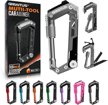 Carabiner Multitool with Pocket Knives, 8-in-1 EDC Carabiners, Serrated Knife, Rope Cutter, Screwdriver, Can Bottle Opener, Ruler, Folding Knife for Camping Hiking, Gifts for Men (Grey)