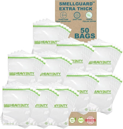 50 PACK, Heavy Duty 5mil Thick REUSABLE Food Freezer STORAGE BAGS by Smelly Proof, Extra X-Large, US-Made, Non-Silicon, No PEVA, BPA FREE, Dishwasher-Safe, Triple Zip, XXL 2-Gallon 12" x 16" - 50 pcs