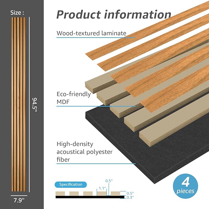 Art3d 4-Pack 94.5 x 7.9 inch Acoustic Wood Slat Wall Panels