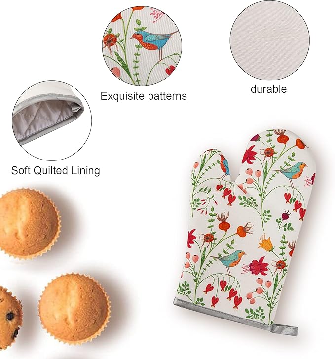 Kitchen Oven Mitts and Pot Holders Sets, Flower Bird Print Oven Gloves and