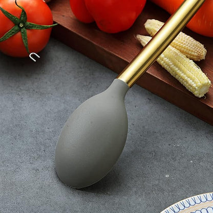 Berglander Non-stick Silicone Solid Serving Spoon, Titanium Gold Plating handle
