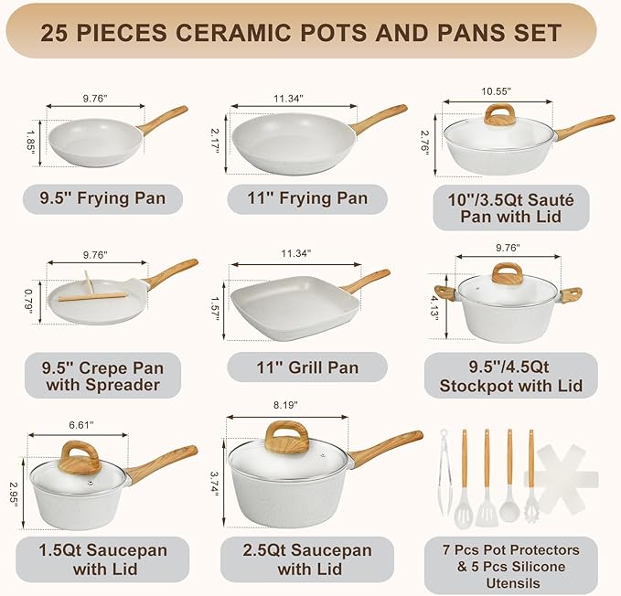 EWFEN 25 Pcs Pots and Pans Set, Nonstick Ceramic Cookware Sets, Healthy