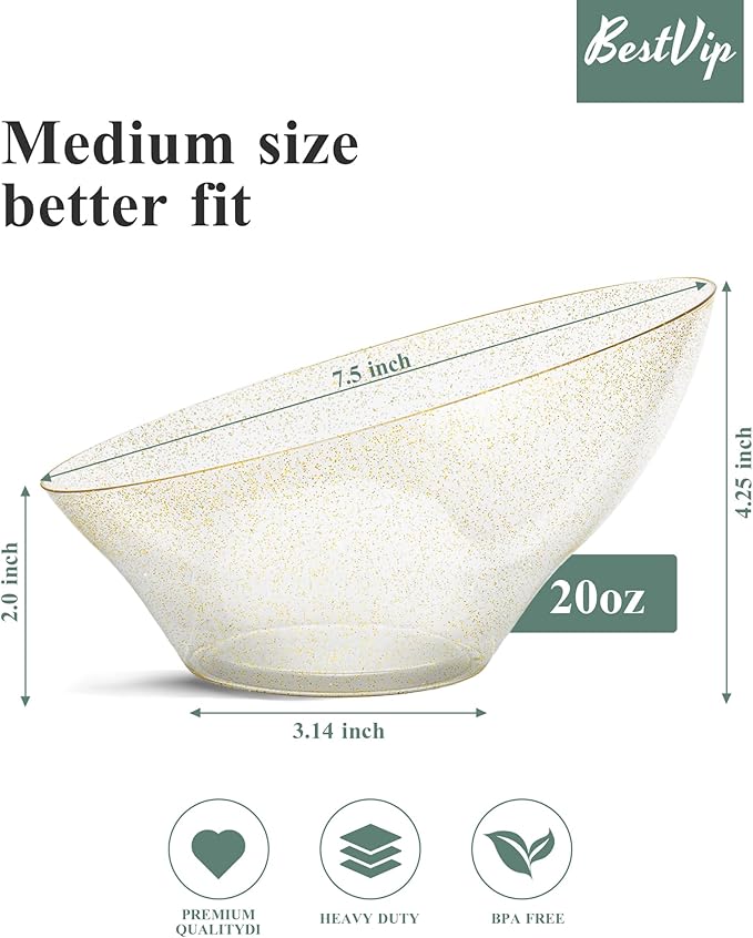 BESTVIP 20oz Clear with Gold Glitter Serving Bowls for Party - 12 Pack Angled Disposable Serving Bowls for Chips, Snacks, Fruit, Salad - Decorative Catering Bowls for Daily Use, Christmas