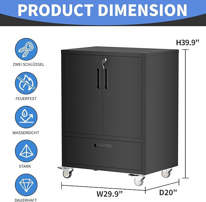 Metal Storage Cabinet with Wheels, Mobile Garage Storage Cabinet with 2