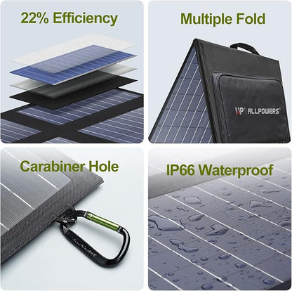 ALLPOWERS SP026 60W Portable Solar Panel, Foldable Solar Charger with USB-C/DC/QC Outputs, 22-25% High Efficiency Panel Solar Portatil for Phone, Laptop, Power Station, Camping, RV（SP026-60W