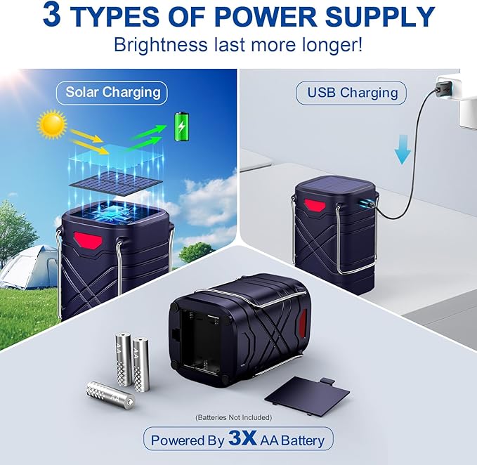 LETMY 4 Pack Camping Lantern, Rechargeable LED Lanterns, Solar Lantern Battery Powered Hurricane Lanterns Flashlight with 3 Powered Ways & USB Cable for Emergency, Power Outage, Hurricane Supplies