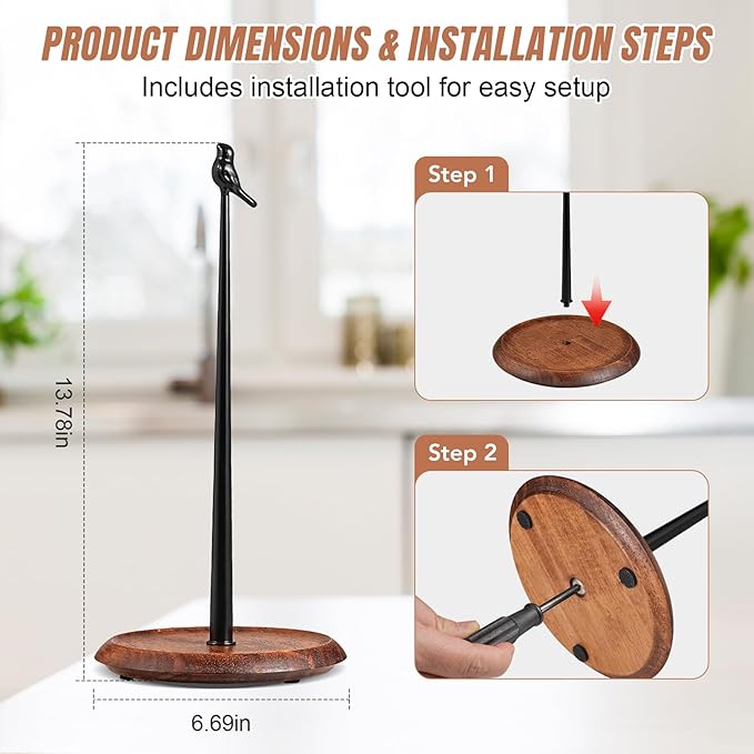 Wooden Paper Towel Holder countertop, Stylish Bird Shaped, Solid Wood Base&Iron