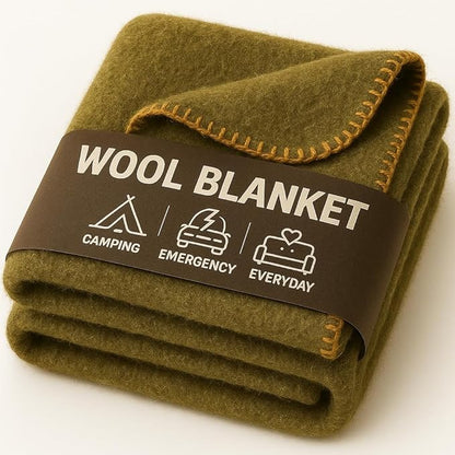 Wool Camping Blanket ??70% Wool Heavy-Duty Military Style Throw, Warm & Washable, Fire Retardant Cover for Emergency, Survival & Outdoor Use ??Perfect for Camping, Car, Home & Hiking, Olive 62x84