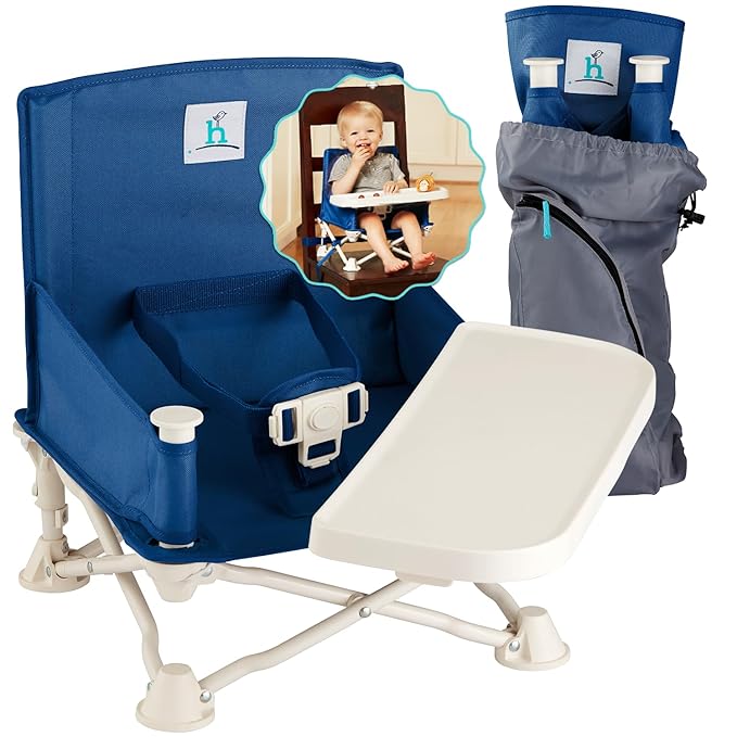 Hiccapop OmniBoost Travel Booster Seat with Tray for Baby | Folding Portable Baby Booster Seat for Dining Table, Camping, Beach, Grandma’s | Tip-Free Design Straps to Kitchen Chairs - Booster Chair