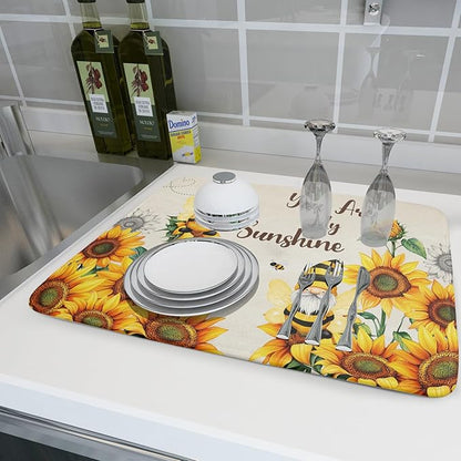 Giwawa Bee Gnomes Dish Drying Mat, Summer Sunflowers Elf Dish Drainer Mats