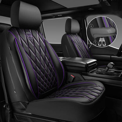 CAR PASS Piping Luxury Faux Leather Two Front Car Seat Covers, Waterproof Anti Slip Premium Automotive Seat Covers,Universal Fit for Suvs,Vans,Trucks, Armrest Airbag Compatible (Black and Purple)