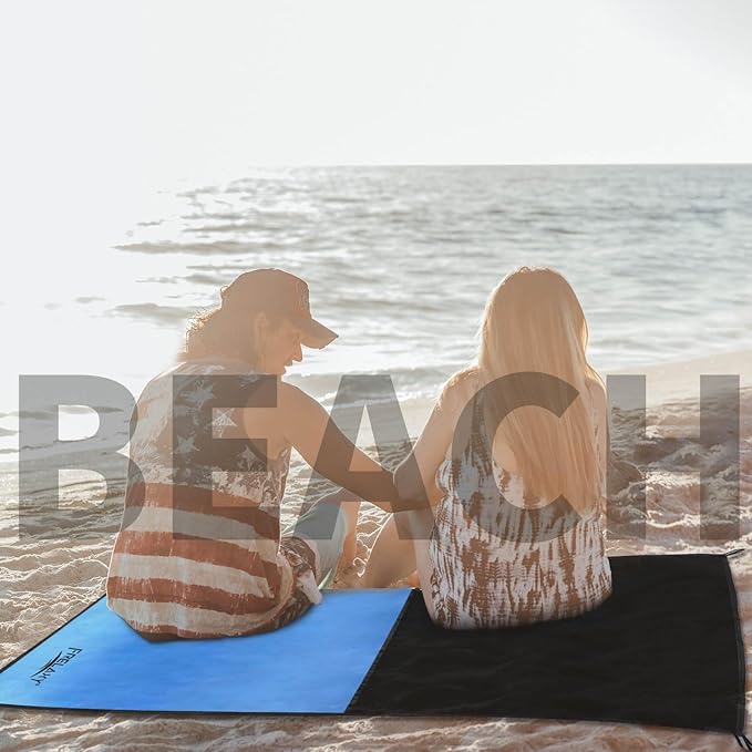 Frelaxy Pocket Picnic Blanket, Waterproof Sandproof Beach Mat, Compact Camping Tarp for Festivals, Hiking, Travel, Outdoor Recreation (Blue, 57'' x 71'')
