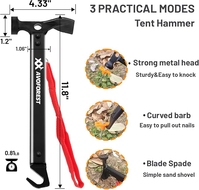 20 Pcs Tent Stakes with Camping Hammers,Avoforest 7.1 Inch Non-Rust Metal Tent Pegs + Portable Tent Stakes Hammers Ground Stakes and Tent Accessories Camping with Storage Bag,Garden,Hiking