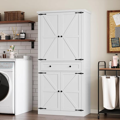 Pantry Organizers and Storage Cabinet, 70” Barn Door White Kitchen Cabinet