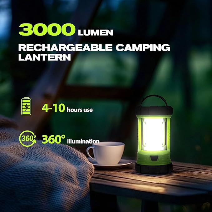 Camping Lantern, 3000LM LED Rechargeable Battery Operated Lantern, 5 Light Modes, COB Waterproof Lantern Flashlight, Camping Light for Power Outage, Hurricane, Survival, Hiking