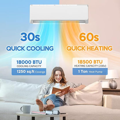 18000 BTU Mini Split Air Conditioner ＆ Heat Pump, 230V Wall Mount Ductless