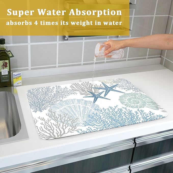 Nautical Dish Drying Mat for Kitchen Counter Coastal Seashell Starfish Summer