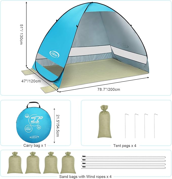 G4Free Large Pop up Beach Tent for 3-4 Person, UPF 50+ Automatic Sun Shelter Canopy Portable Outdoor Cabana Sun Umbrella