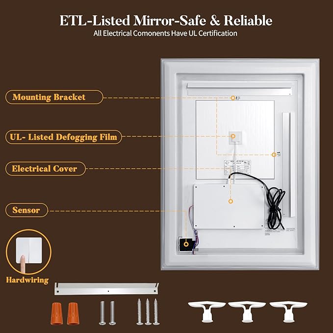 LED Bathroom Mirror with Lights, Hand Wave, Tempered Glass, Shatter-Proof