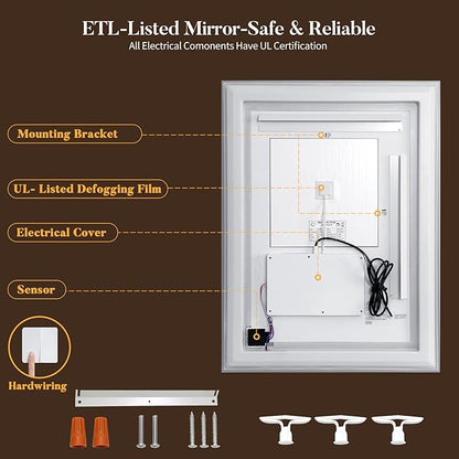 LED Bathroom Mirror with Lights, Hand Wave, Tempered Glass, Shatter-Proof