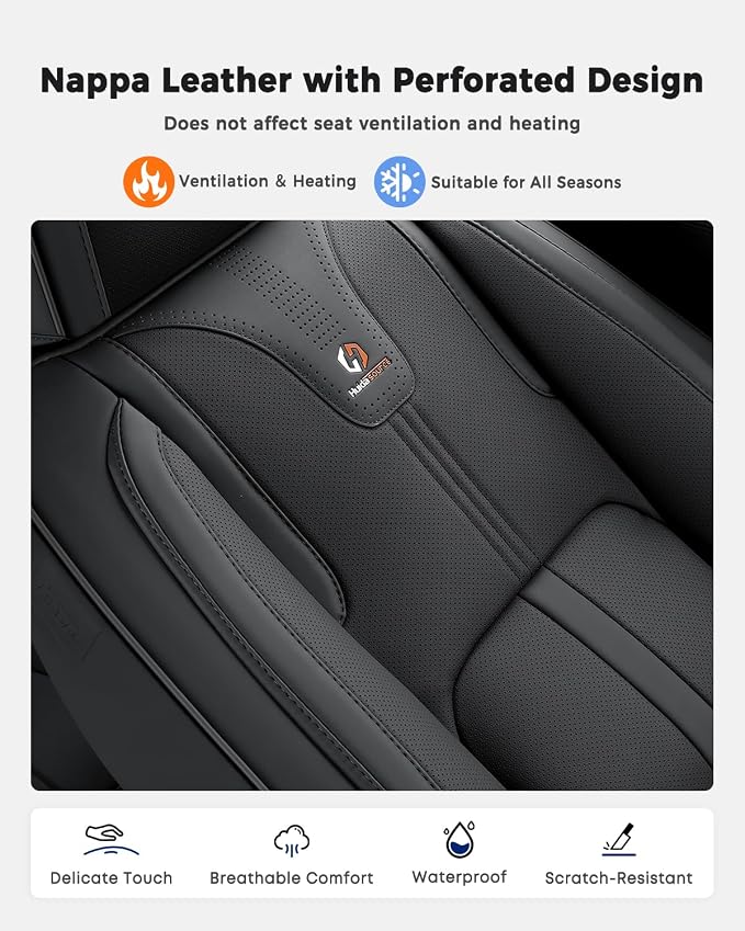 Huidasource Car Seat Covers Full Set Luxury Nappa Leather, Seat Cover with Velcro Adjustable, Airbag, Lumbar Support, Cooling and Heating, Car Seat Covers Universal Fit for Most Cars SUV Trucks, Black