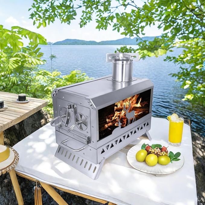 Outdoor Camping Tent Stove Portable Stainless Steel with Chimney Barbecue Net for Outdoor Cooking BBQ Heating & Fishing(Large)