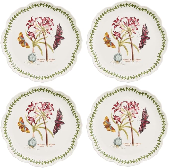 Portmeirion Botanic Garden Lotus Blossom Dinner Plates, Set of 4 - Mexican Lily Porcelain Plates with Butterfly Motif, 11.25" Floral Shape for Dining or Display - Oven, Microwave & Dishwasher Safe