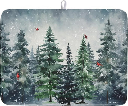 Winter Dish Drying Mat for Kitchen Counter Winter Pine Tree Dish Drying Mat
