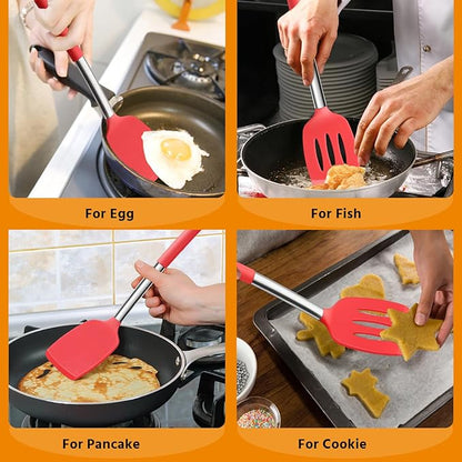 Silicone Spatula Set of 2, E-far Solid & Slotted Turner