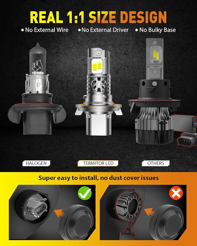 Termitor Upgraded 9008/H13 Bulbs, 70,000LM 1500% Ultra-Bright, 6500K Pure White H13/9008 Light Conversion Kits, IP68 Waterproof, Easy Plug and Play Installation, Pack of 2