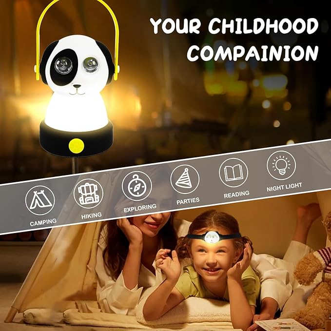 Outdoor Kids Camping Lanterns & Headlamp Set, Battery Powered Night Light, Lightweight LED Equipment, Birthday Christmas Gift (Dog Set)