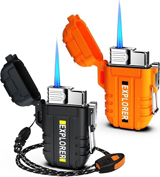 Torch Lighter, 2 Pack Butane Lighter, Windproof Outdoor Gas Lighter Adjustable Jet Flame Lighters, Fireplace Fireworks Grill Camping BBQ Lighter, Gifts for Men. (Black+Orange)(Without Butane)