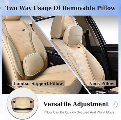 Coverado Car Seat Covers Full Set, Beige Seat Covers for Cars, Waterproof Nappa Leather Automotive Seat Covers with Lumbar Head Pillow, Car Seat Protectors, Universal Fit for Most Cars SUV