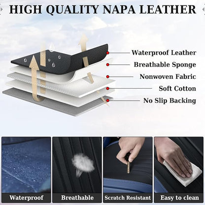 Coverado Car Seat Covers Full Set, Car Seat Protector Car Seat Cushion, Nappa Leather Seat Covers for Cars, Front and Back Seat Protectors Cushions Universal Fit for Most Cars Vehicles(Blue&Black)