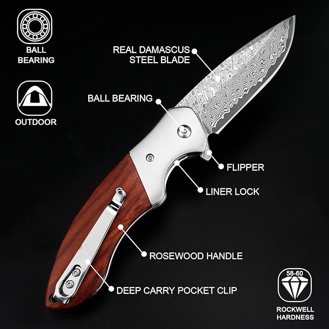 KOMWERO Damascus Pocket Knife, Sharp Damascus Steel Knife with Core VG10 Steel Blade Wood Handle, Folding Knife with Clip for Men Hunting, 60 HRC