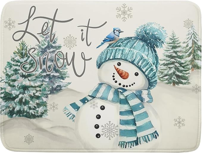 Giwawa Blue Snowman Dish Drying Mat Xmas Trees Bird Winter Snowy Scene Dish