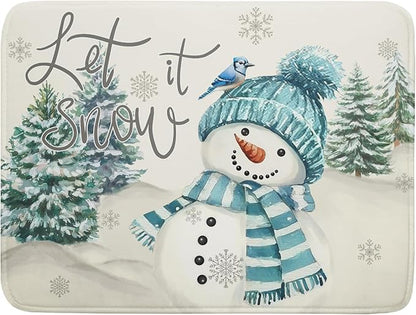 Giwawa Blue Snowman Dish Drying Mat Xmas Trees Bird Winter Snowy Scene Dish