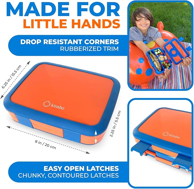 kinsho Bento Lunch Box for Kids Toddlers Boys, 5 Portion Sections Secure Lid, Microwave Safe BPA Free Removable Tray, Pre-School Kid Daycare Lunches Snack Container Ages 3 to 5, Blue Orange