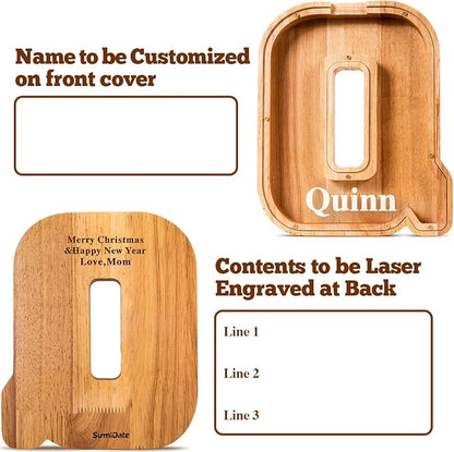 Summidate Customized Name Large Wooden Piggy Bank for Kids Boys Girls Alphabets Letter A-Z Coins Bills Money Change Bank Box Initial on Clear Cover (Laser Engraved) (Alphabet-Q, Personalized-9")