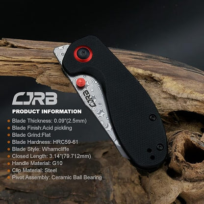CJRB Maileah pocket knife, folding knife with 2.39'' Damascus Steel Blade, Black G10 Handle EDC Knife for Men Outdoor Survival Camping Limited Edition (J1918D)
