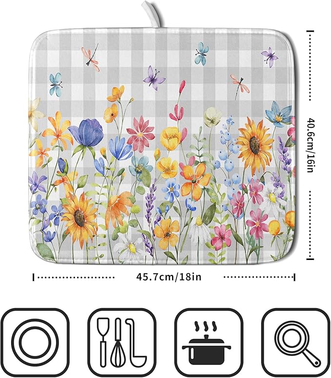 Giwawa Spring Floral Dish Drying Mat, Summer Flower Grey Buffalo Plaids Dish