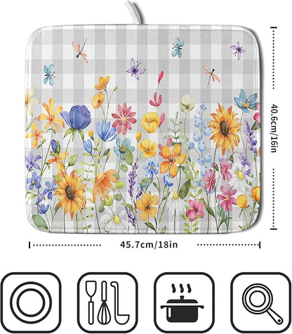 Giwawa Spring Floral Dish Drying Mat, Summer Flower Grey Buffalo Plaids Dish