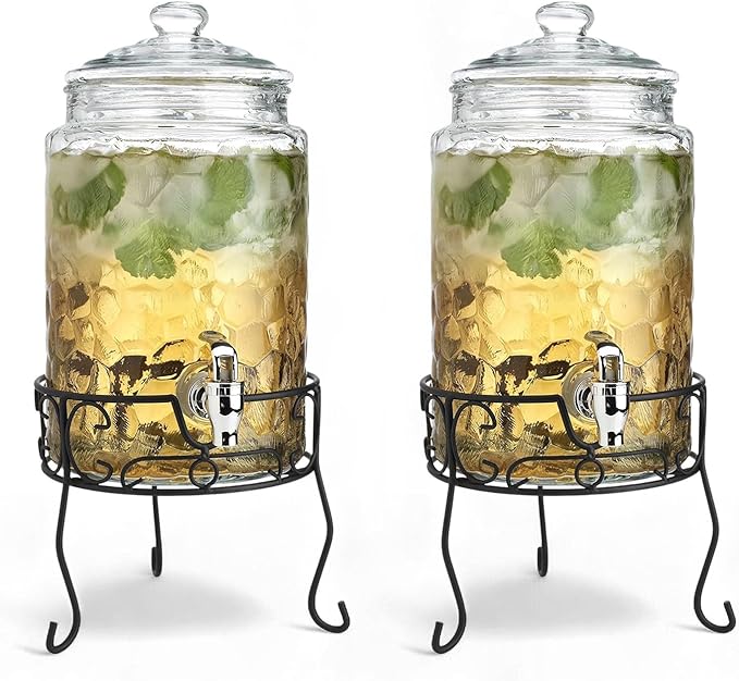 2 PACK 1.5 Gallon Drink dispenser, Classic Hammered Glass Beverage Dispenser