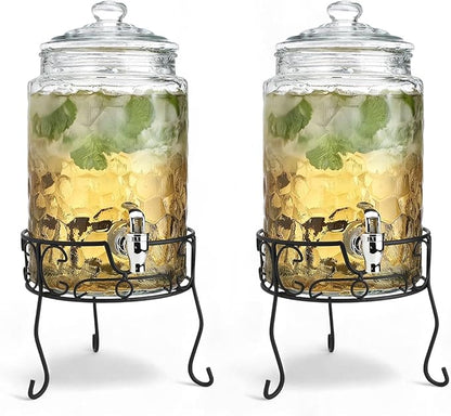 2 PACK 1.5 Gallon Drink dispenser, Classic Hammered Glass Beverage Dispenser