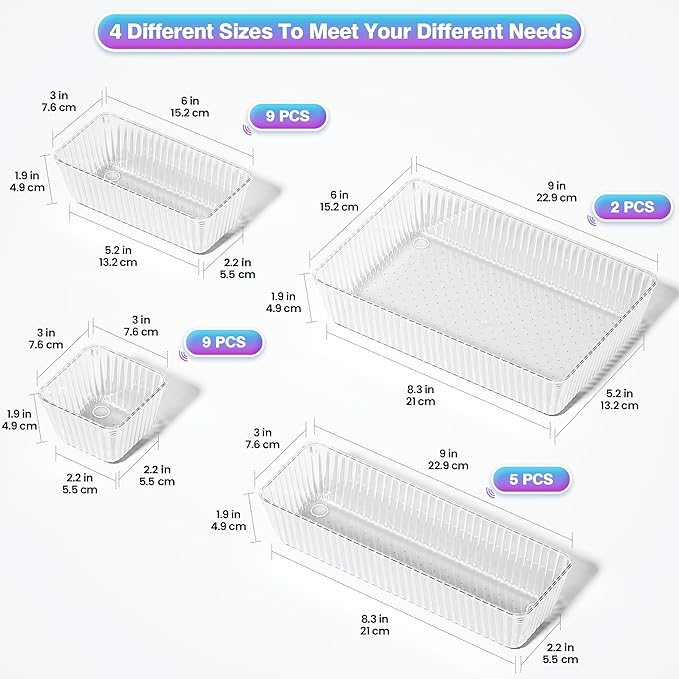 25 PCS Clear Plastic Drawer Organizer Set
