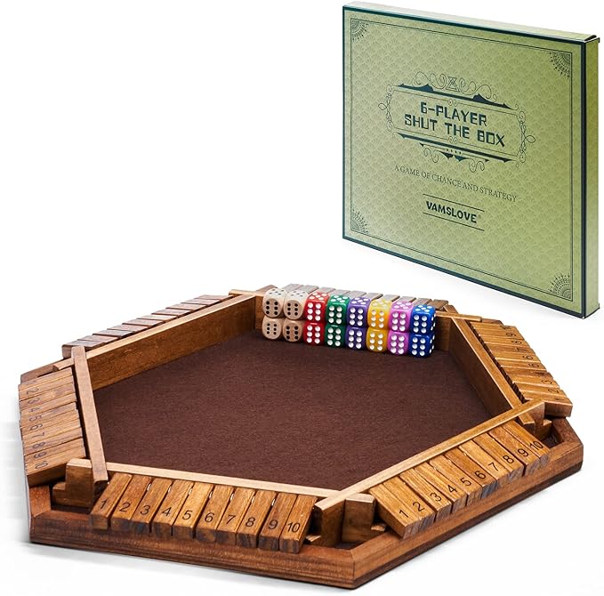 Vamslove Shut The Box Dice Game Wooden Board (L15 x W13) for 1 2 3 4 5 6 Player, 6 Sided 10 Numbers Math Games with 16 Dices for Kids Adults(Instructions Included)
