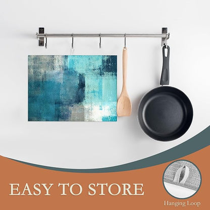 Teal Grey Abstract Art Dish Drying Mat, Drying Rack Pad Countertop Dishes Ultra