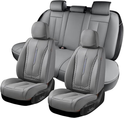 Coverado Car Seat Cover Full Set, Gray Seat Covers Front Seats Back Seat Covers, Nappa Leather Waterproof, Car Seat Cushion, Car Seat Protector Universal Fit Most Cars