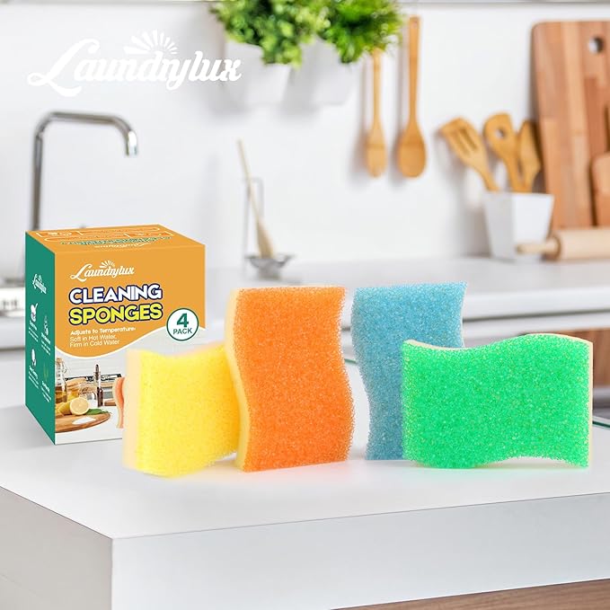 LAUNDRYLUX Scrub Sponge, 4 Pack Dual-Sided Temperature-Responsive Scrubber