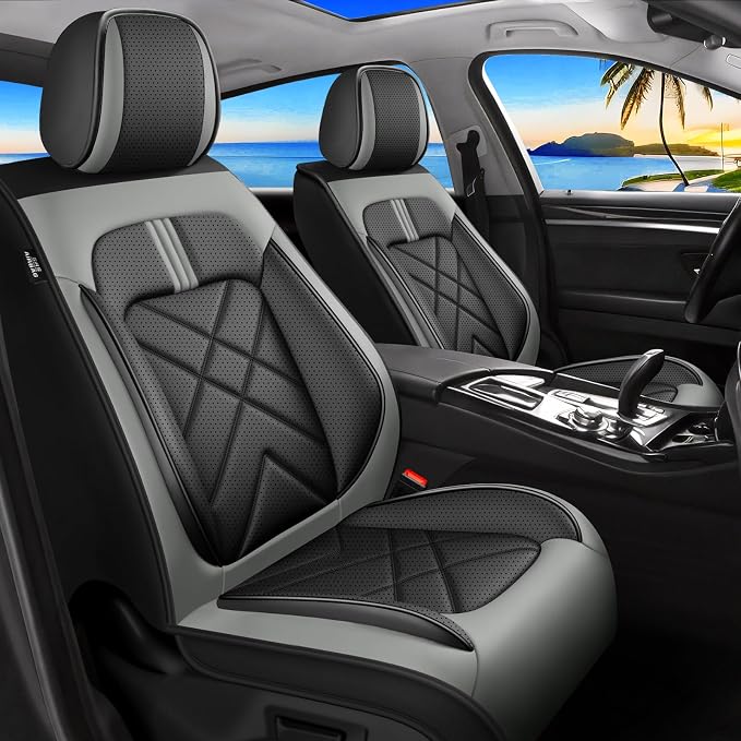 Edge Car Seat Covers Fit for Ford Edge 2007-2026, Premium Full Coverage Leather Automotive Seat Protectors, All Seasons Waterproof Breathable, Airbag Compatible, 2 Front Seats, Black Gray